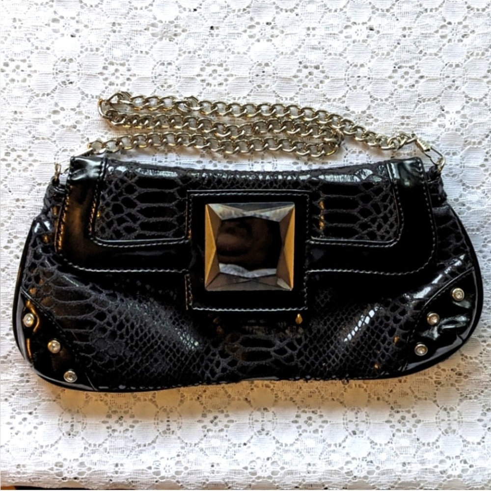 👜Vintage New Black Croc Bag Mirrored Snap Closure, Studs & Removable Chain Strap
